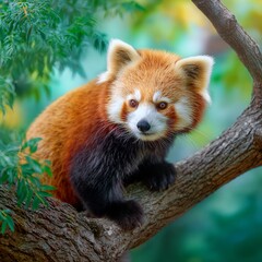 Red panda climbing on a tree branch in a green forest, cute fluffy wildlife mammal with alert eyes, endangered animal in natural habitat captured in realistic nature photography.