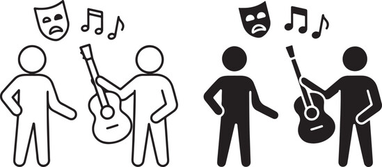 Music and Theater Concept – People with Guitar, Drama Masks and Notes Vector Icon