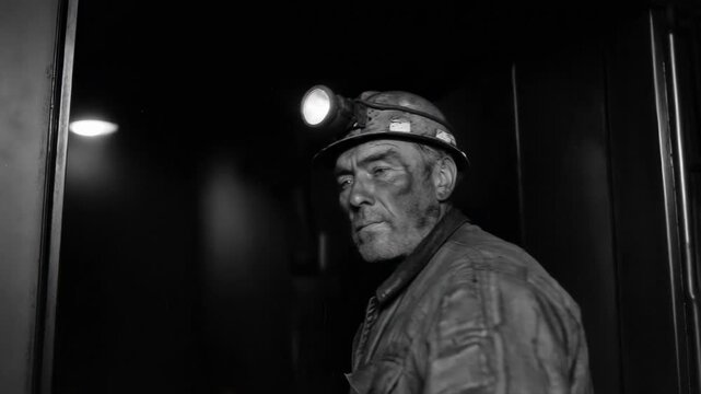 A black and white portrait of an elderly coal miner with a dirty face and a helmet light, looking tired after hard labor, representing the working class, heavy industry and profession