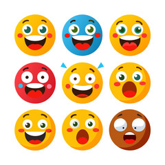 Set of nine cartoon emojis with different facial expressions
