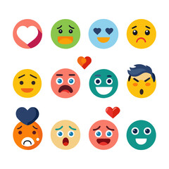 Flat design emoji set with various expressions and emotions
