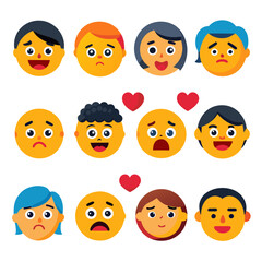 Cartoon Faces Expressing Various Emotions, Isolated on White Background