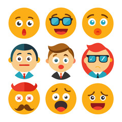 Collection of nine diverse and expressive cartoon style emoticons