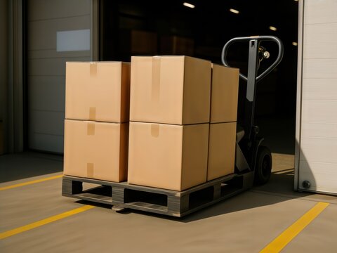 An electric pallet jack with stacked cardboard boxes at a warehouse loading dock.