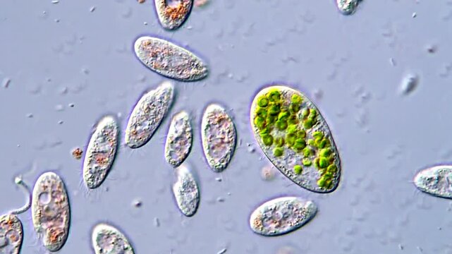 Movement of Ciliates in pond water under microscope view 400x magnification 