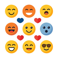 Collection of flat vector emoji faces with heart shapes