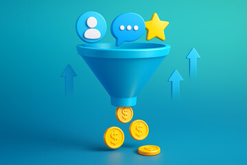 Sales funnel concept converting leads to money, with user profile, chat bubble, and star review icons above it, and coins dropping out below