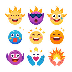 Cheerful Emoji Collection on White Background, Flat Graphic Style
