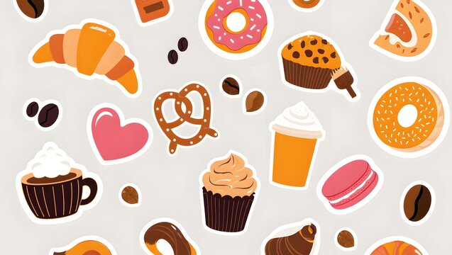 Assorted bakery stickers with coffee beans and a heart for a sweet treat theme