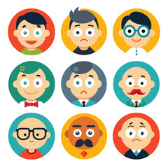 Collection of diverse cartoon faces in colorful circular frames
