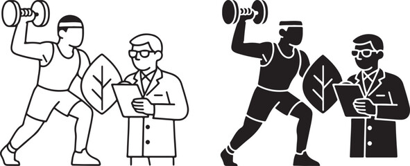 Fitness Training Consultation Icon Set – Athlete with Dumbbell and Nutritionist Coaching