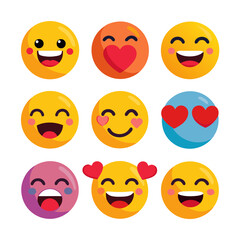 Assortment of smiling emojis with different expressions on white