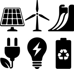 Sustainable Energy Icons Solar Panels, Wind Turbine, and Eco-Friendly Power Sources