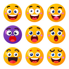Collection of nine expressive and colorful emoji faces illustration