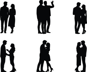 Romantic couple silhouette vector illustration, love, relationship, dating, hugging, kissing