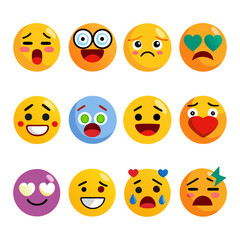 Obraz premium Variety of colorful emoji vector illustrations on white background