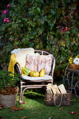 Cozy autumn terrace with rustic decor, wicker chairs, colorful pillows, firewood basket, and seasonal pumpkins. Decorative plants and vibrant fall foliage create a warm, inviting outdoor retreat, perf