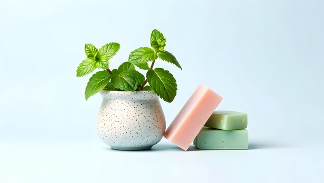 Mint plant with handmade soaps for a natural and refreshing skincare routine idea