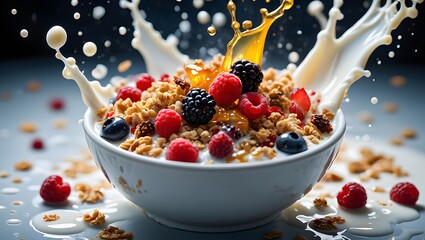 Delicious breakfast cereal with fresh berries and milk splash, a healthy start day