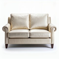 Naklejka premium Elegant two-seater sofa with soft cushions and rolled arms against white backdrop
