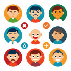 Flat design faces showing different emotions and symbols set