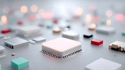 Detailed Microchip Close Up with Cinematic Lighting High Dynamic Range and Technology Theme Featuring Pink Teal White and Silver Elements