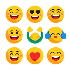Set of cheerful yellow emoji icons expressing positive emotions