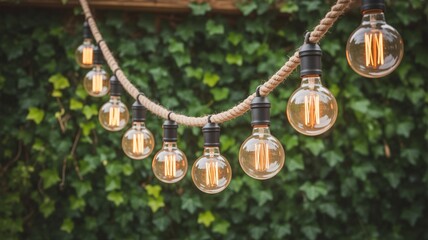 Charming Edison bulb string lights create a warm, inviting glow against lush green ivy, perfect for a relaxing backyard ambiance and summer events