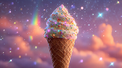 A whimsical ice cream cone with sprinkles against a dreamy sky scene