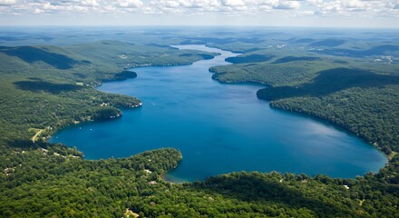 Obraz premium Aerial view of a beautiful lake surrounded by green trees.