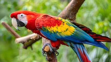Scarlet macaw perched on branch in lush green environment with vibrant plumage colors