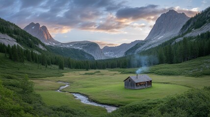 Stunning mountain valley vista with rustic cabin and winding stream, evoking peace and tranquility under a vibrant sky perfect for travel ads