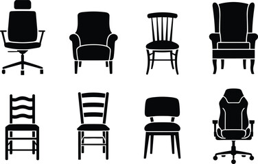 Modern chair silhouette vector illustration set, office chair, armchair, wooden chair, dining chair, gaming chair, furniture design, isolated black icons