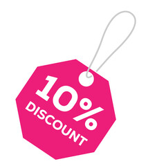 Pink discount tag with 10 off text isolated on transparent background