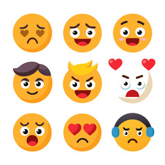 Collection of nine yellow round emoticon faces expressing emotion