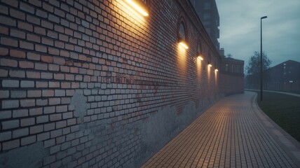 Moody city streetscape featuring vintage brick wall and atmospheric lighting at dusk, perfect for urban design inspiration and architectural storytelling