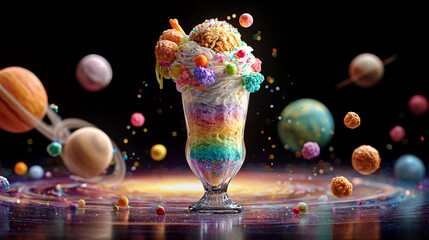 A fantastical ice cream sundae with planets and galaxy background art