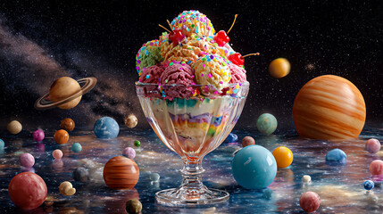 Ice cream sundae with cherries and sprinkles in a planetary landscape