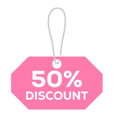 Pink discount tag with 50 off isolated on transparent background