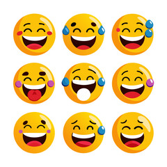 Collection of bright yellow emoji icons displaying various expressions