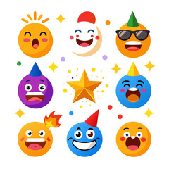 Cartoon Emoticons Celebrating with Party Hats and Starbursts