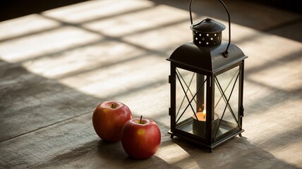 Rustic lantern glows warmly with red apples, creating cozy autumn vibes and nostalgic charm for your seasonal designs and inviting lifestyle projects