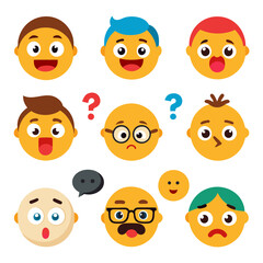 Collection of flat style emoji faces expressing various emotions