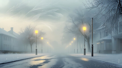 Atmospheric and Foggy Winter City Street Scene with Warm Glowing Lights and Snow