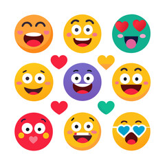 Collection of joyful cartoon emojis with hearts on white background