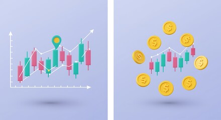 Candlestick Chart Analysis with Rising Trend and Dollar Coins for Financial Investments and Market Trading Opportunities Illustration