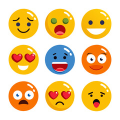 Nine colorful cartoon emoji icons showing various human emotions