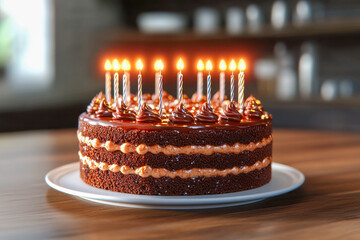 A rich chocolate cake with creamy frosting and lit candles sits on a white plate on a wooden table, ready for celebration