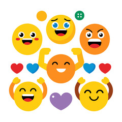 Collection of colorful emoji expressions and heart shapes