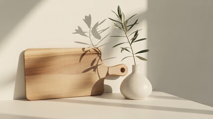 Minimalist kitchen decor with sunlight casting shadows on wooden cutting board and vase – perfect for food blogs, recipes, and lifestyle content